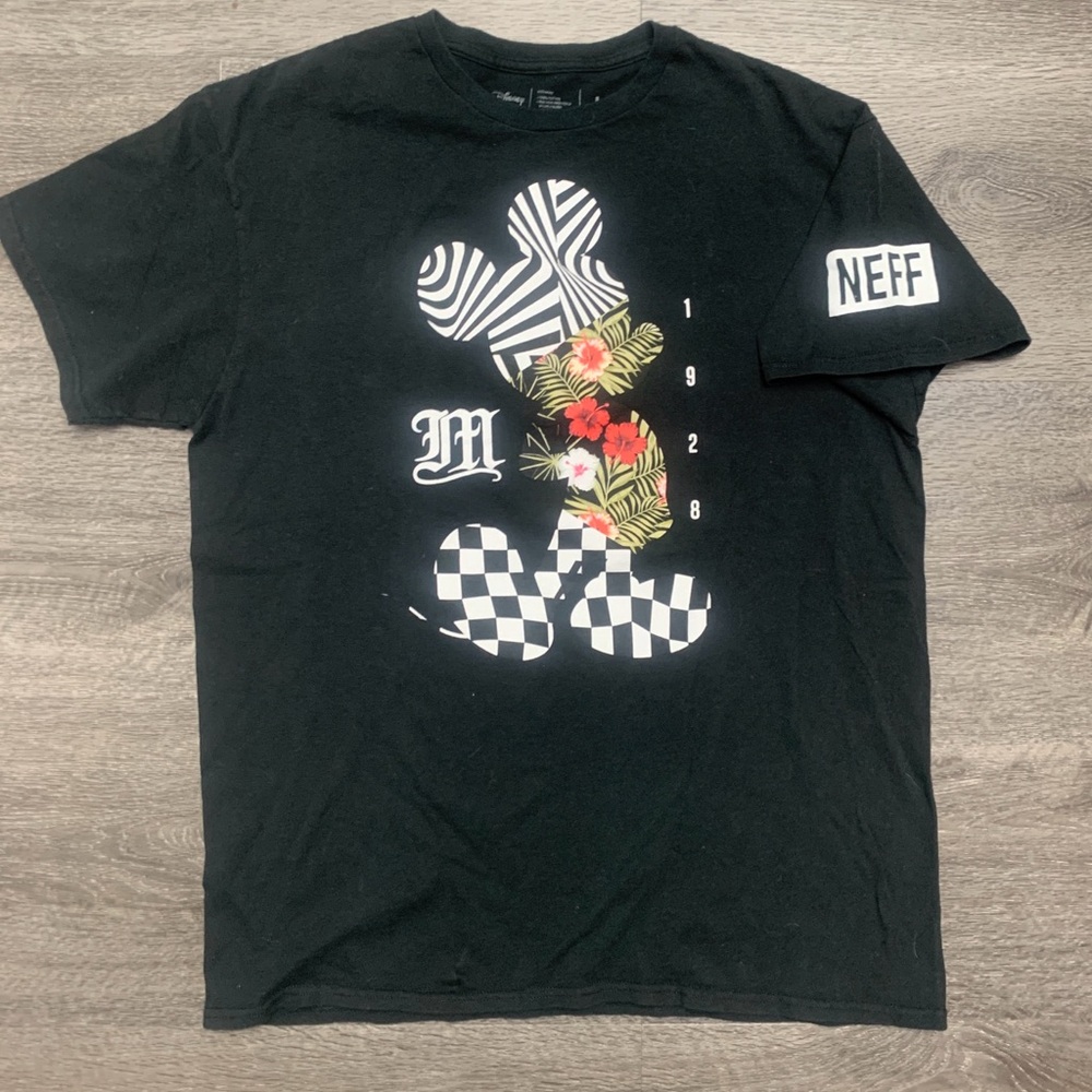 Disney Collection X Neff T-Shirt Black Mickey Mouse Checkered Floral Skate Men L